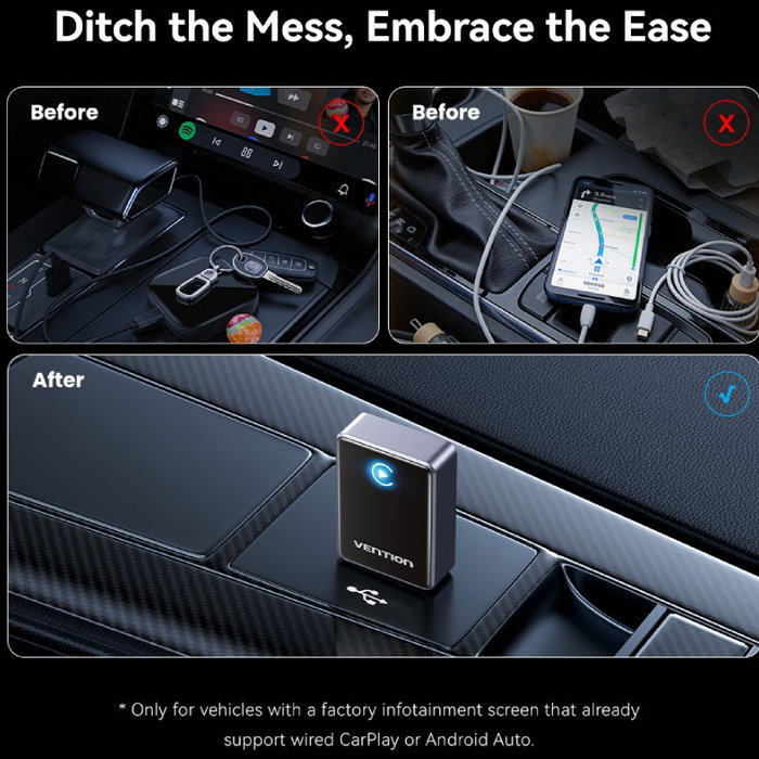 ADAPTADOR USB-A CARPLAY/ANDROID AUTO INALAMBRICO NEGRO VENTION